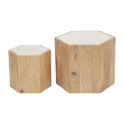 WOOD/MARBLE, S/2 14/20" HEXAGONLA SIDE TABLES, NAT