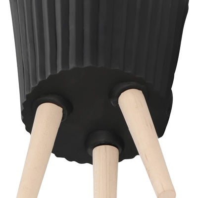 S/2 10/12" RIDGED PLANTER W/ WOOD LEGS, BLACK (KD)