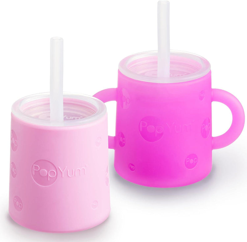 PopYum Silicone Training Cup with Straw Lid, 2-Pack for Baby, Infant and Toddler, Tumbler, Sippy, handles, 5 ounce (purple, pink)-PSC333