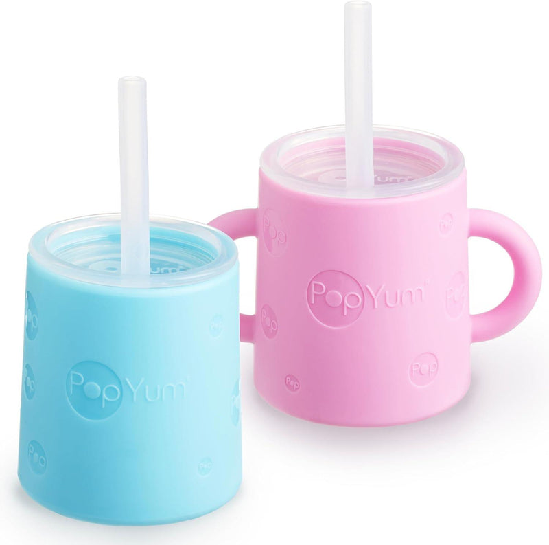 PopYum Silicone Training Cup with Straw Lid 2-Pack for Baby, Infant and Toddler, Tumbler, Sippy, handles, 5 ounce (blue, pink)-PSC335