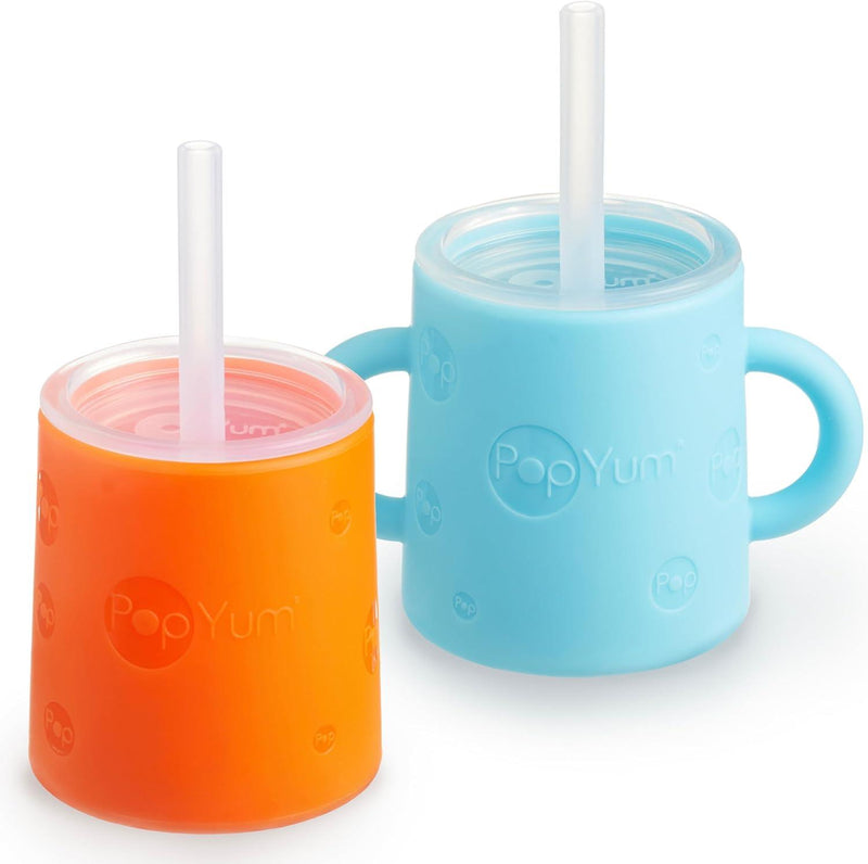 PopYum Silicone Training Cup with Straw + Lid 2-Pack for Baby, Infant and Toddler, Tumbler, Sippy, handles, 5 ounce (blue, orange)-PSC331