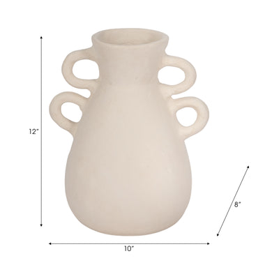 12" Vase With 4 Handles, Paper Mache, Ivory