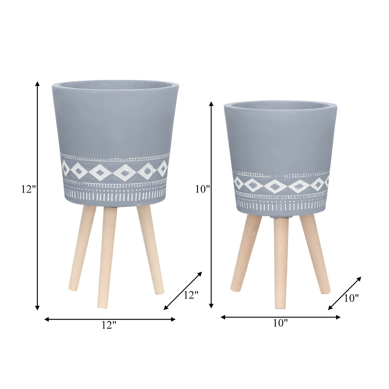 S/2 10/12" DIAMOND PLANTER W/ WOOD LEGS, GRAY (KD)