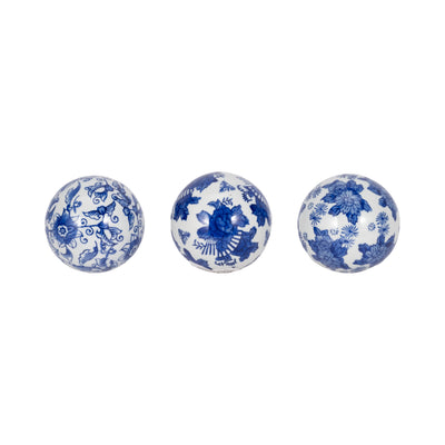 Cer, S/3 4" Assorted Painted Orbs, Blue