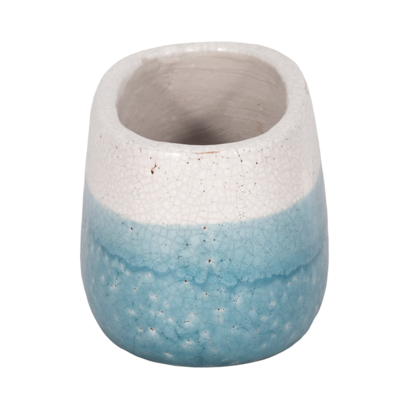 7" Oval Reactive Crackle Finish Planter, Blue/whit