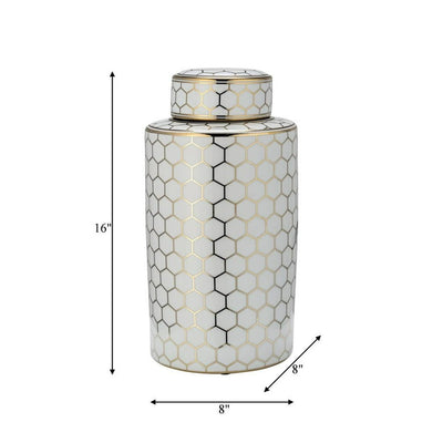 CER, 16" HONEYCOMB JAR W/ LID, GOLD