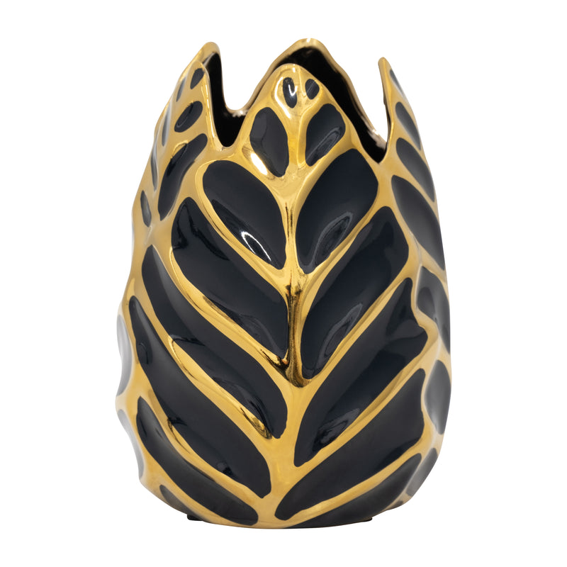 CERAMIC 8" LEAF VASE, DRK NAVY/GOLD