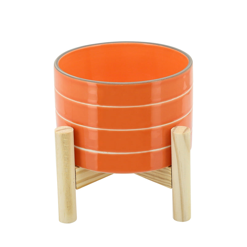 6" STRIPED PLANTER W/ WOOD STAND, ORANGE