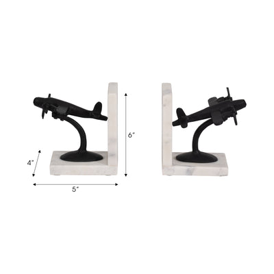 Metal, S/2 6" Airplane Bookends On Marble, Blk/wht