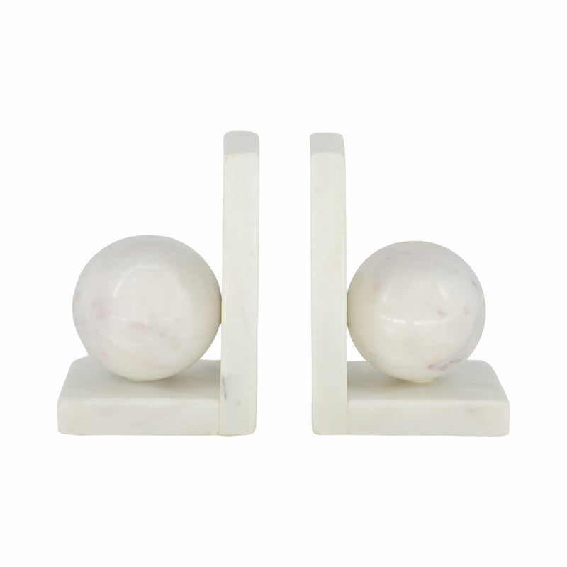 S/2 6" Marble Bookend With 3" Orb, White