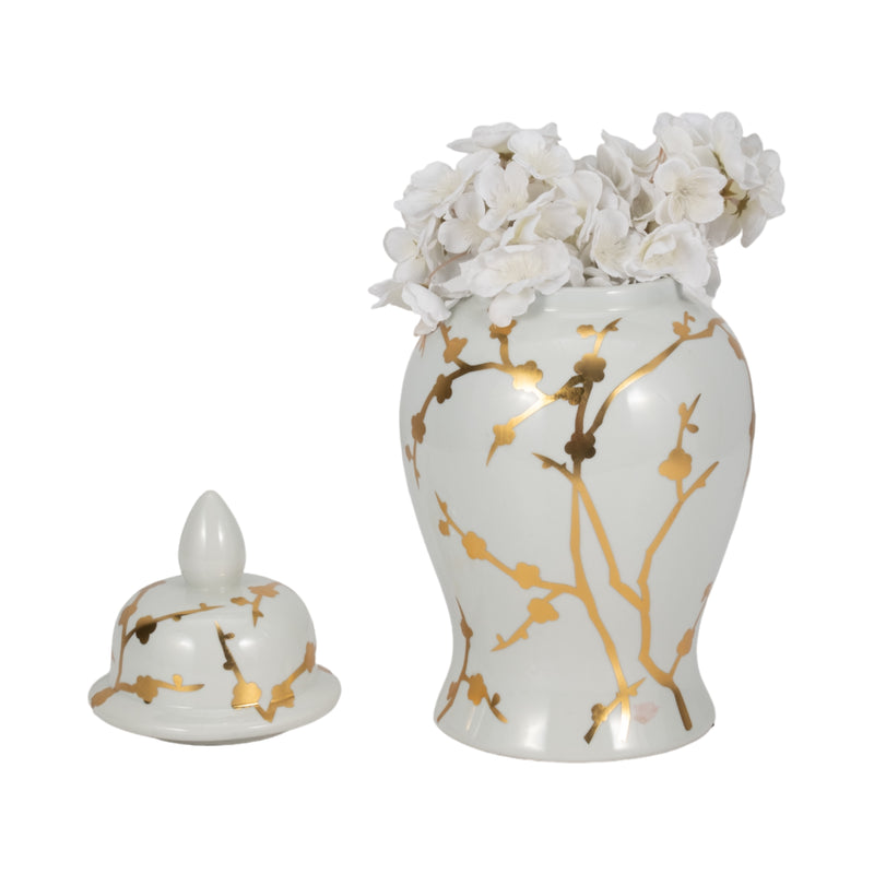 14" Gold Cherry Blossom Temple Jar, White