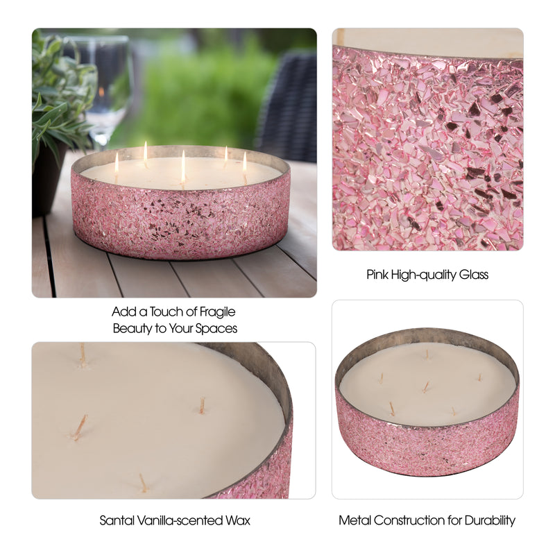 Glass, 8" 49 Oz Crackled Bowl Scented Candle, Pink