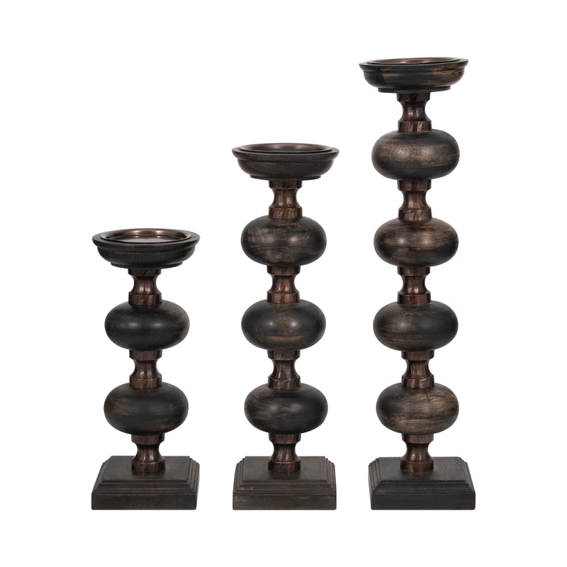 S/3 14/19/23" Sumpter Black Wood Candle Sticks