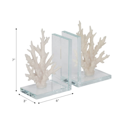 7" Coral On Glass Bookends, White