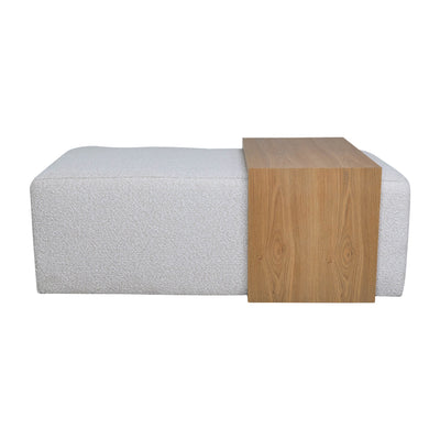 MODERN RECTANGULAR OTTOMA, WOOD ACCENT, IVORY