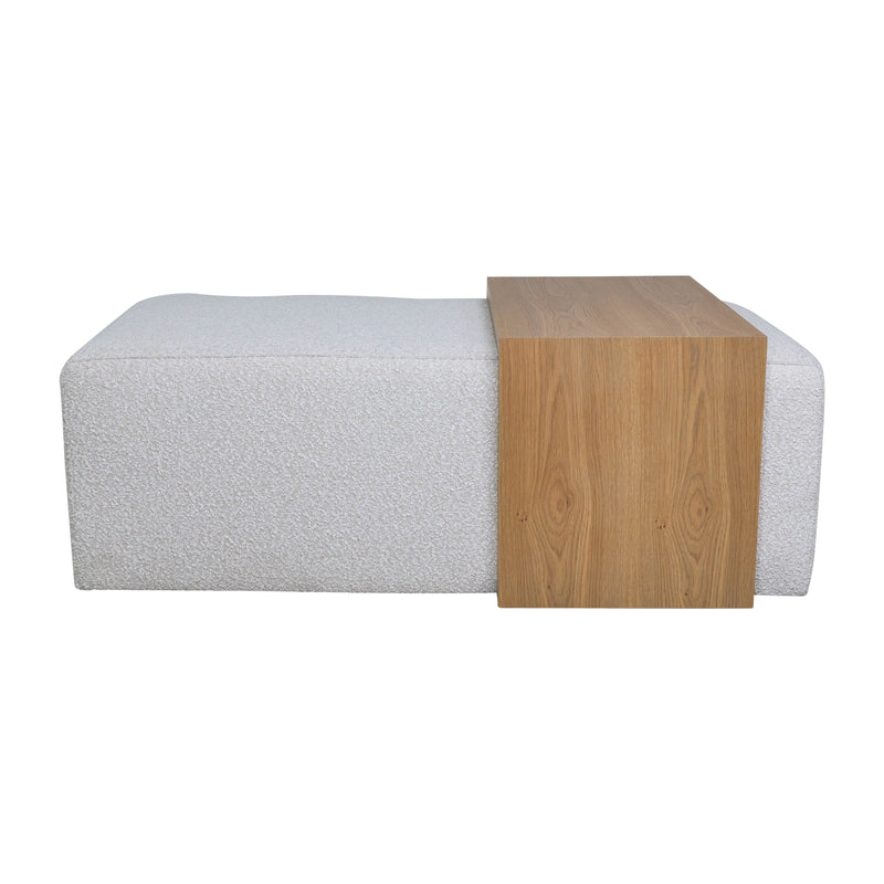 MODERN RECTANGULAR OTTOMA, WOOD ACCENT, IVORY