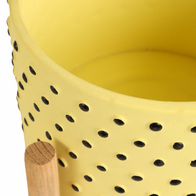 8" DOTTED PLANTER W/ WOOD STAND, YELLOW