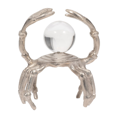 Metal, 7" Dancing Crab W/ Acrylic Ball, Silver