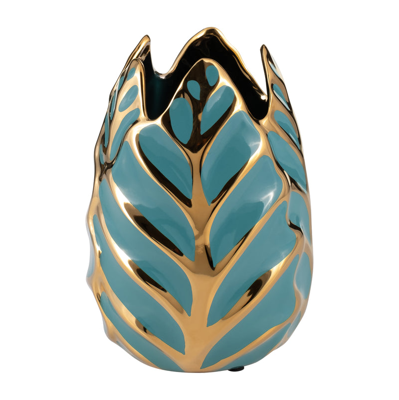 CERAMIC 8"H LEAF VASE, TURQUOISE/GOLD