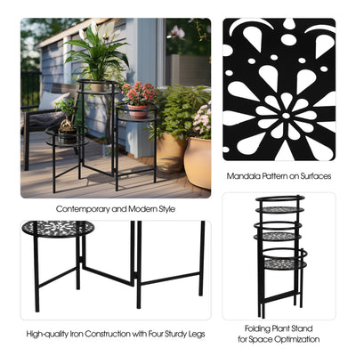 Metal, 22" Folding 3-tier Plant Stand, Black