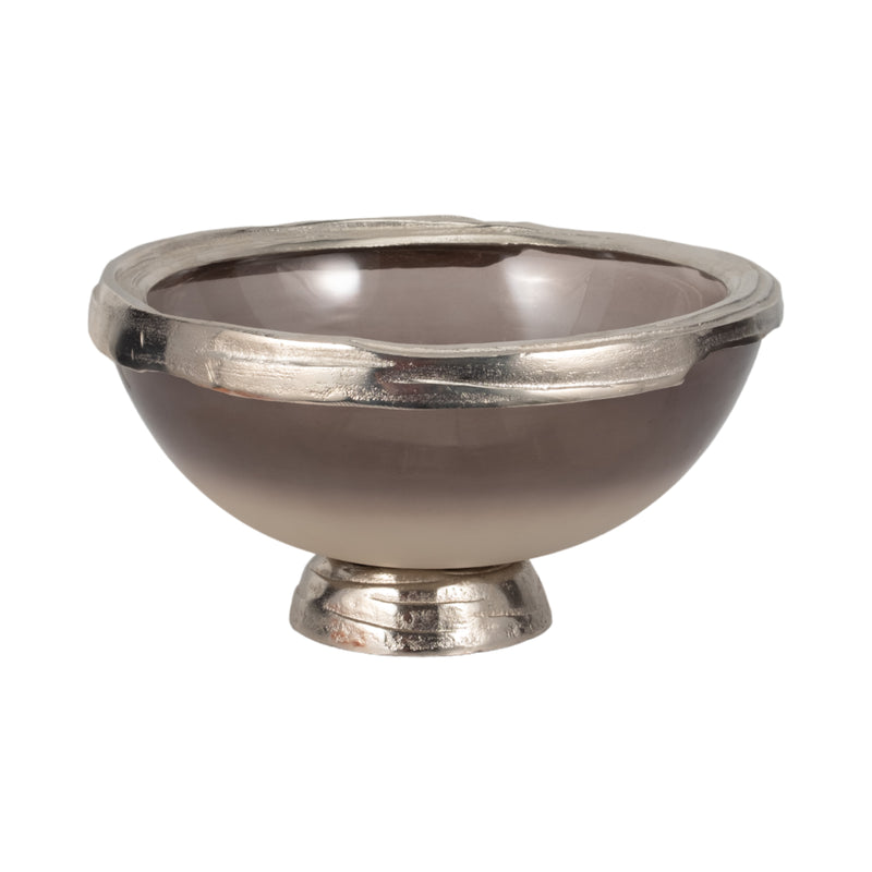 GLASS, 15"D BOWL W/ SILVER BASE, TAUPE NICKEL