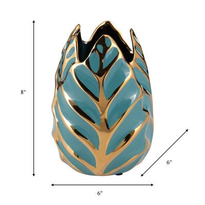 CERAMIC 8"H LEAF VASE, TURQUOISE/GOLD