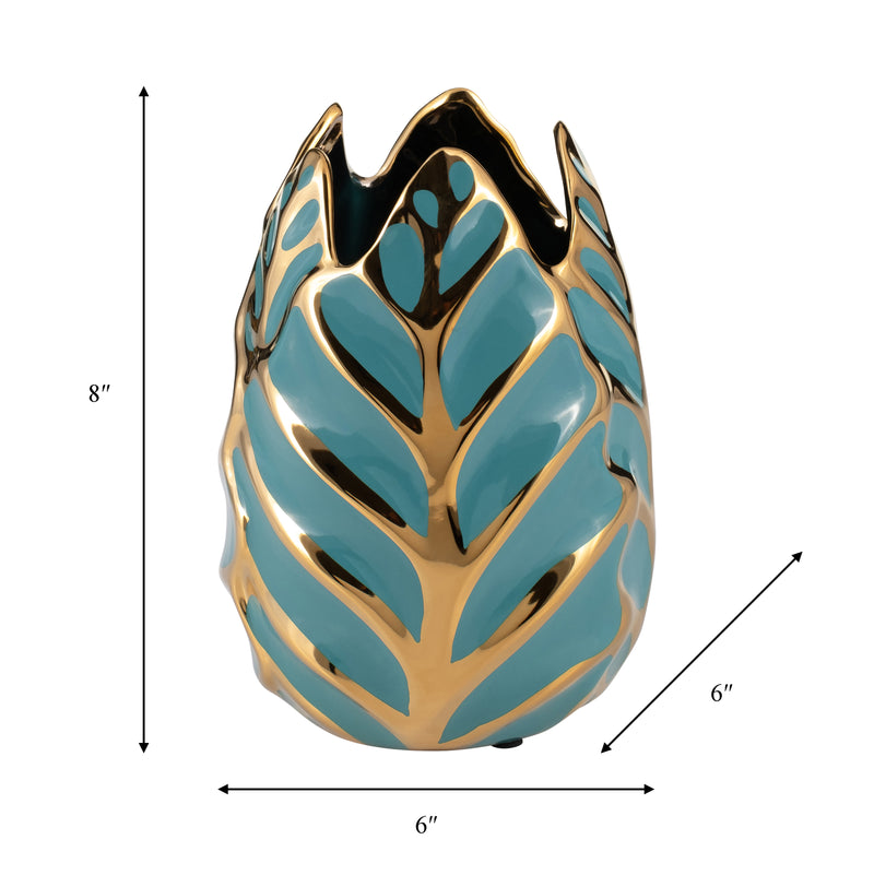 CERAMIC 8"H LEAF VASE, TURQUOISE/GOLD