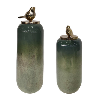 S/2 18/22"finch Glass Bottles W/bird Metal Top,grn