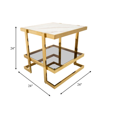 METAL/MARBLE GLASS SIDE TABLE, GOLD/WHITE