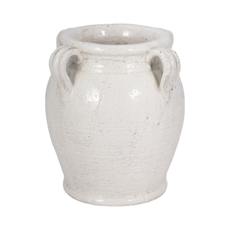 9" Terracotta Vase With Handles, White Crackle