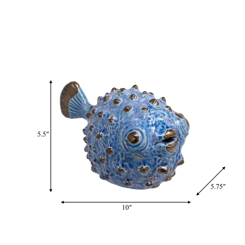 CERAMIC BLOWFISH FIGURINE 10", BLUE