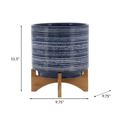 CERAMIC 10" PLANTER ON STAND, BLUE