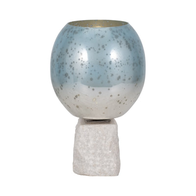 Glass, 13" Bowl Pillar Holder Marble Base, Aqua/wh