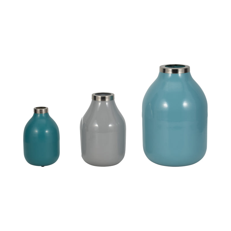 S/3 7/9/12" Jefford Metal Bottle Vases, Blue