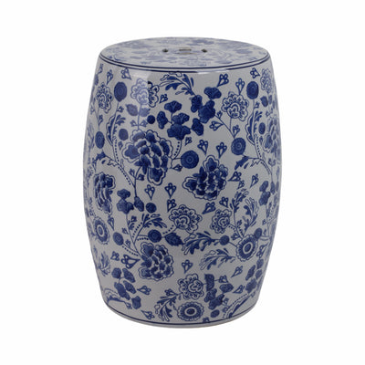 Cer, 18" Hydrangea Chinoiserie Stool, Blue/white