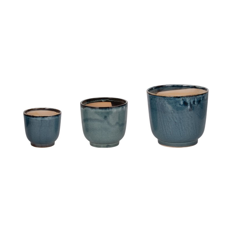 S/3 6/8/10" Reactive Finish Planters, Blue