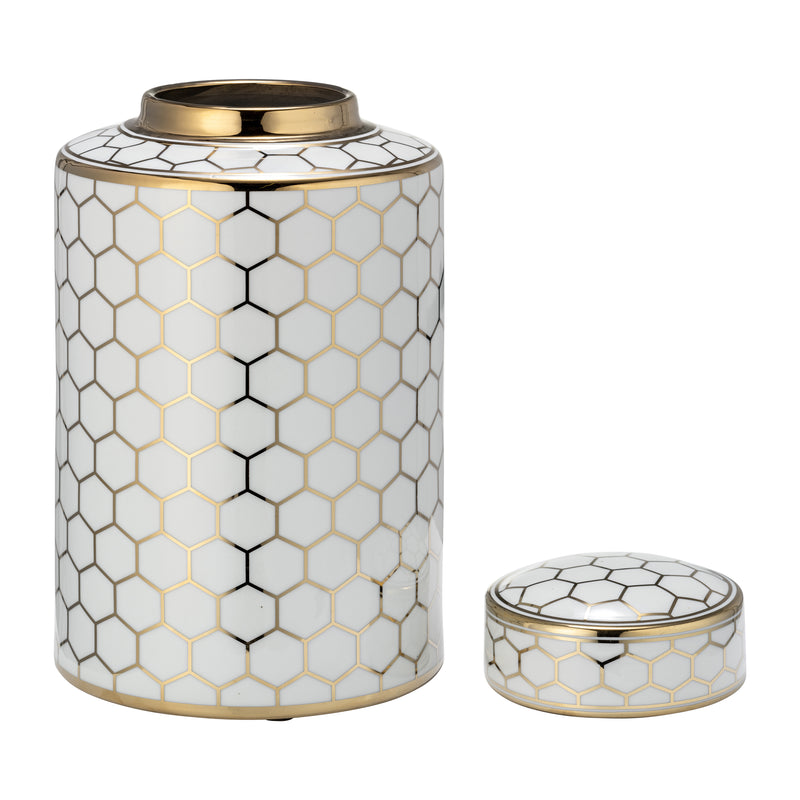 CER, 12" HONEYCOMB JAR W/ LID, GOLD