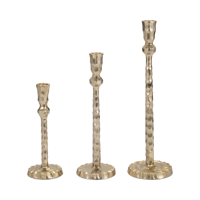 METAL, 15" HAMMERED TAPER CANDLEHOLDER, GOLD