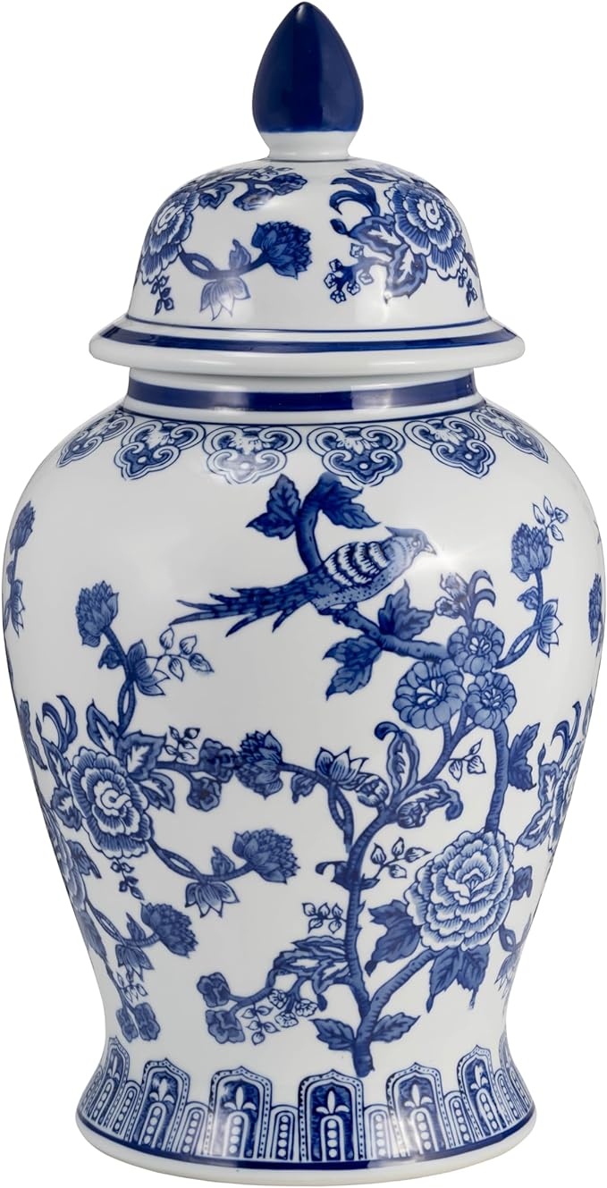 18" TEMPLE JAR BIRD/FLOWER, BLUE