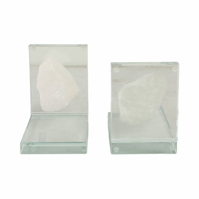 GLASS, S/2 5"H BOOKENDS WITH WHITE STONE, CLEAR