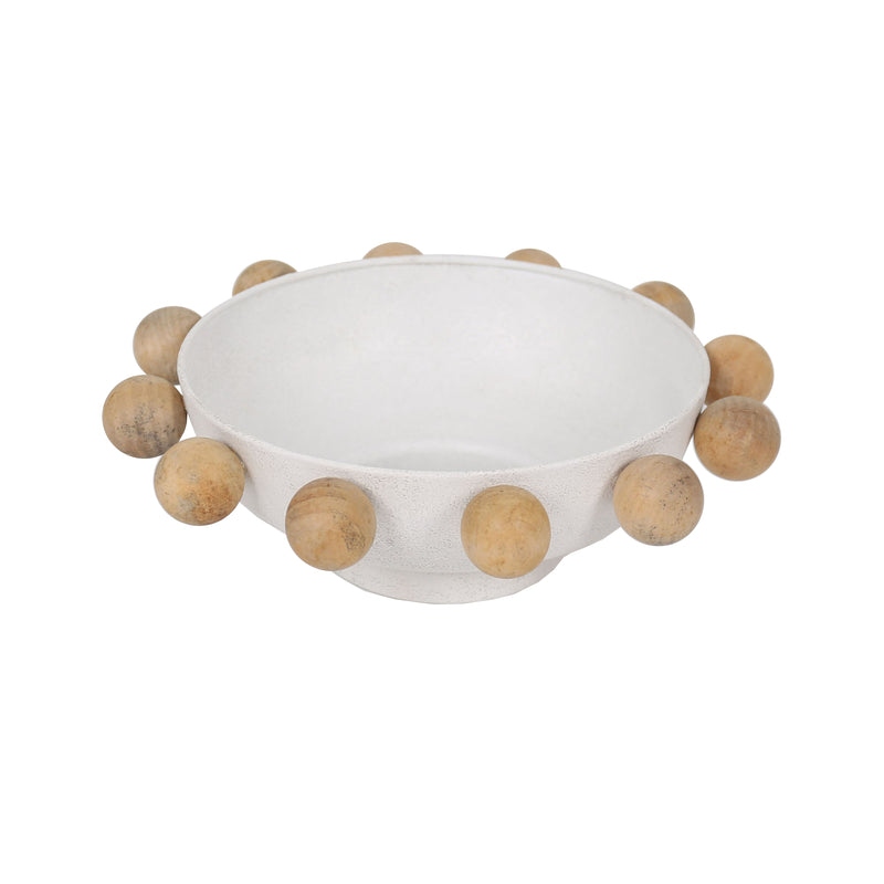 13" Bowl With Large Wooden Knobs, White