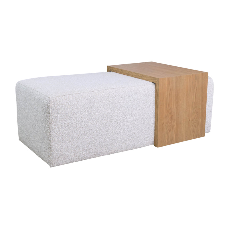 MODERN RECTANGULAR OTTOMA, WOOD ACCENT, IVORY