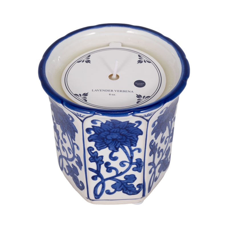 4", 6oz Fluted Chinoiserie Candle , Blue/white