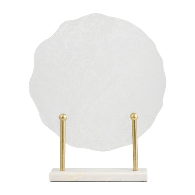 METAL,21"H,SPECKLED GLASS DISC ON MARBLE STAND,WHI