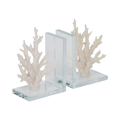 7" Coral On Glass Bookends, White