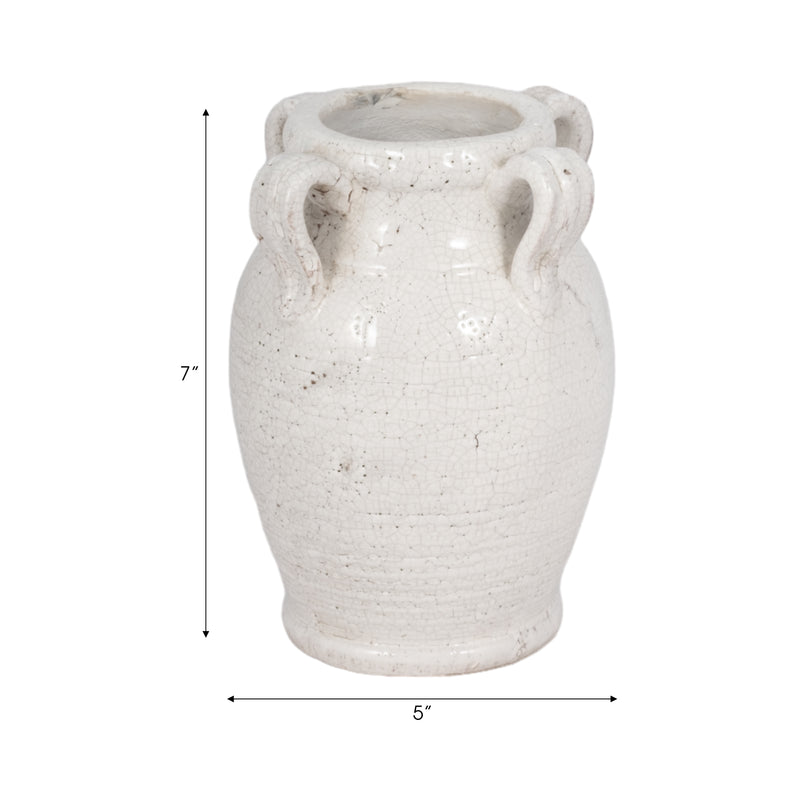 7" Terracotta Vase With Handles, White Crackle