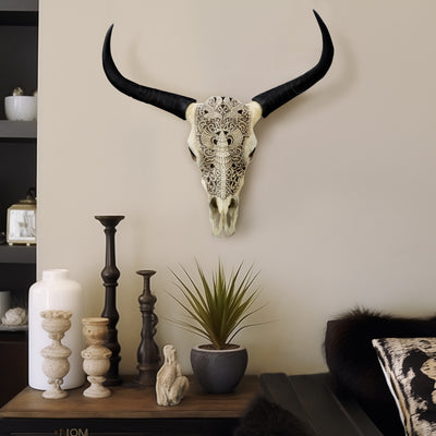 RESIN, 28" BULL SKULL WALL ACCENT, IVORY/BLACK KD