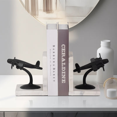 Metal, S/2 6" Airplane Bookends On Marble, Blk/wht