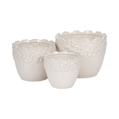 S/3 8/9/11" Floral Crown Planter, Ivory