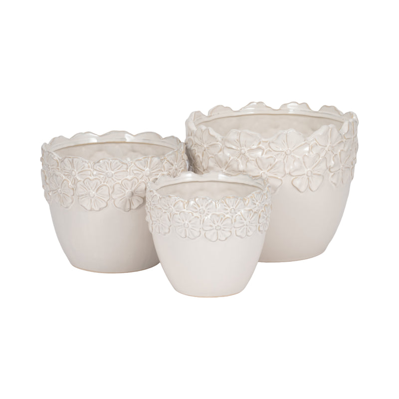 S/3 8/9/11" Floral Crown Planter, Ivory